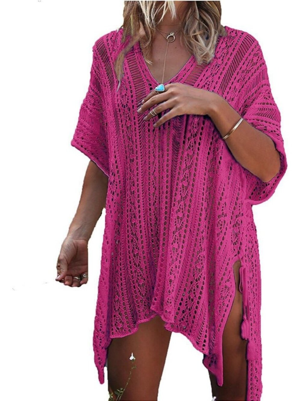 Women's Rose Red Polyester Crochet Cover up Swimsuit Breathable Beach Swimwear